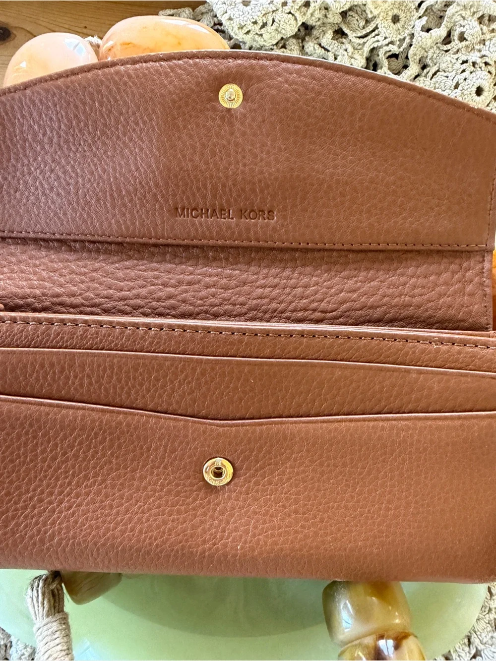 Michael Kors Cognac Pebbled Leather Continental Wallet with Gold Plaque